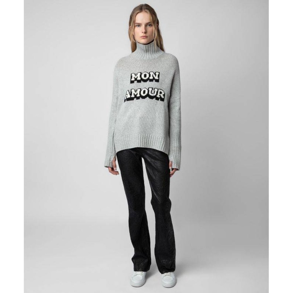 Zadig & Voltaire Alma Mon Amour Sweater Gray Graphic Mock Neck Wool Women Sz L